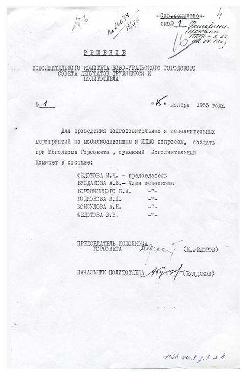 Решение Исполкома Ново-Уральского городского Совета депутатов трудящихся и политотдела о создании суженного Исполнительного комитета